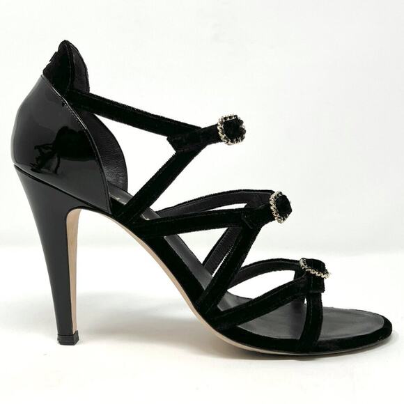 Chanel Black Velvet Patent Leather Buckle Strappy Logo Sandals – Size 37 - Picture 4 of 10